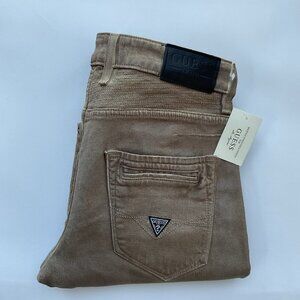 Guess Men’s Moto Zip Slim Tapered Jeans Heavy Coated Wash In Dust Size 38X32